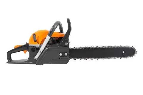 Petrol chainsaw side view Stock Photos