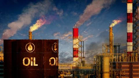 Petroleum barrels on processing or storage plant background, fictitious Illustrazione stock