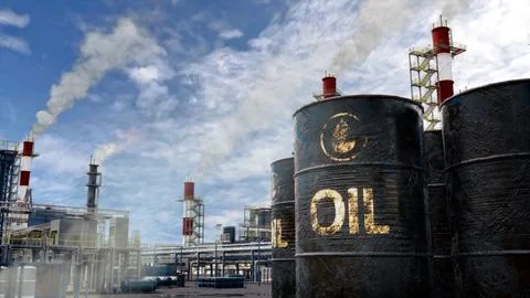 Petroleum barrels on processing or storage plant background, fictional イラスト素材