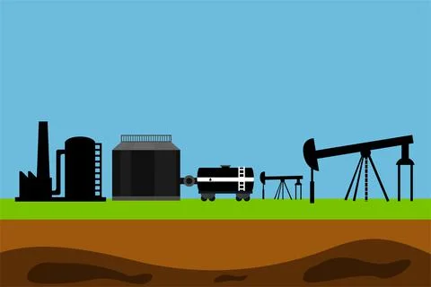 Petroleum production using pump jack mine silhouette vector. Oil rig industry Illustrazione stock