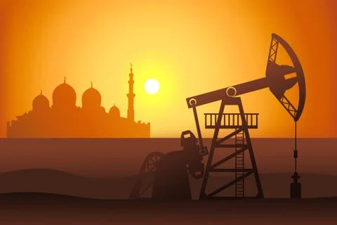 Petroleum pumpjack and mosque vector illustration. Oil well. Stock Illustration