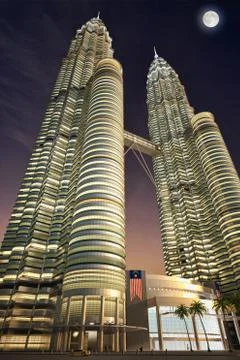 Petronas towers, night time, dramatic view from below. Stock Illustration
