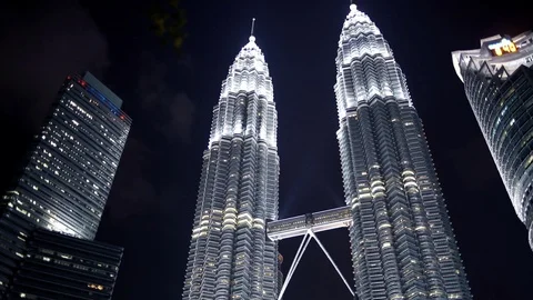 The Petronas Twin Towers and Kuala Lumpur City Centre KLCC illuminated at late Stock Footage