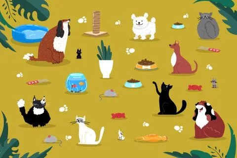Pets accessory things product icon, home house cat dog aquarium stuff flat Stock Illustration
