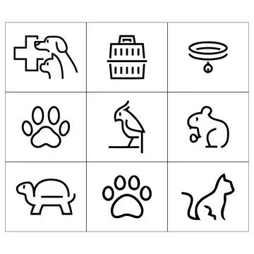Pets and Vets Simple line drawings showing a cat dog bird turtle white design Stock Illustration