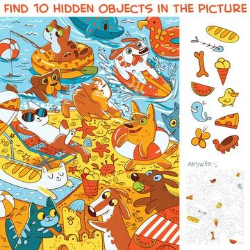 Pets on the beach. Find 10 hidden objects in the picture Stock Illustration