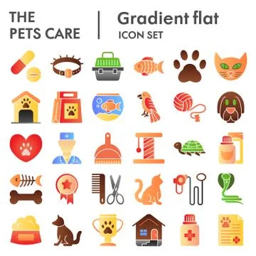Pets care flat icon set, vet symbols collection, vector sketches, logo Stock Illustration