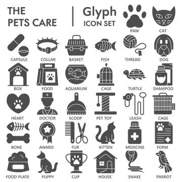 Pets care solid icon set, veterinary symbols collection or sketches. Pet Shop Stock Illustration