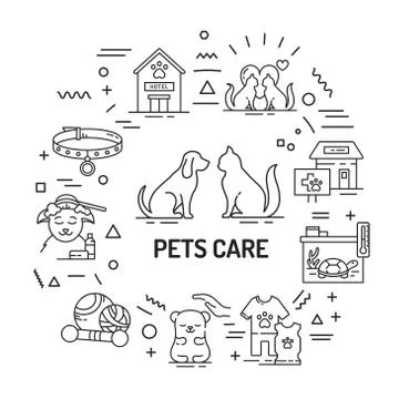 Pets care web banner. Services for domestic animals. Infographics with linear Stock Illustration