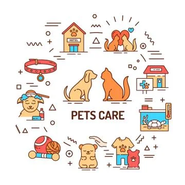 Pets care web banner. Services for domestic animals. Infographics with linear Stock Illustration