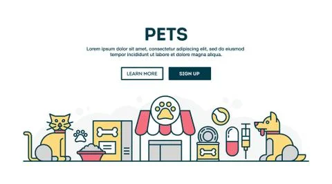 Pets, colorful concept header, flat design thin line style Stock Illustration