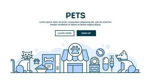 Pets, concept header, flat design thin line style Stock Illustration