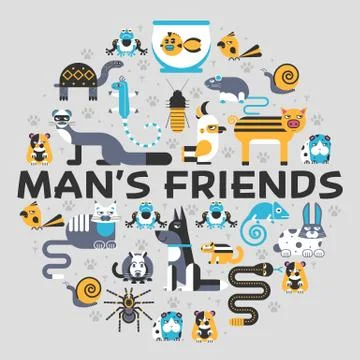 Pets flat illustration circle concept. Wildlife and home zoo animals vector 库存插图