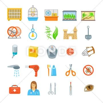 Pets grooming and healthcare accessories flat vector icons Stock Illustration