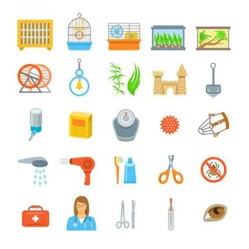Pets grooming and healthcare accessories flat vector icons Stock Illustration