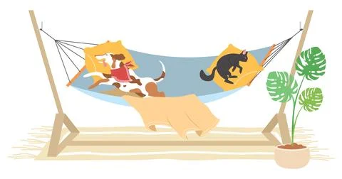 Pets in hammock flat cartoon vector illustration Stock Illustration