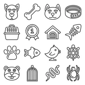 Pets Icons Set on White Background. Line Style Vector 스톡 일러스트