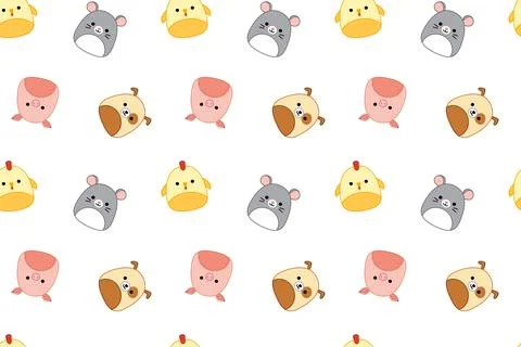 Pets on seamless pattern. Squishmallows. Dog, pig, chick, mouse. Kawaii, Vector Illustrazione stock