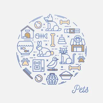 Pets, thin line icons circular frame banner Stock Illustration