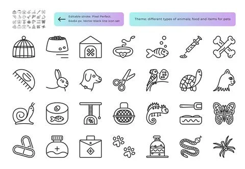 Pets-vector-icon-set-editable-64x64-2px Stock Illustration