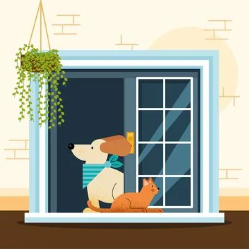 Pets in window house Stock Illustration