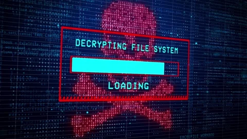 Petya ransomware attack Skull image closeup on computer screen, warning message Stock Footage 176925640