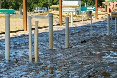 PEX drain sewer pipes assembling system of sanitary pipes in the ground Stock Photos
