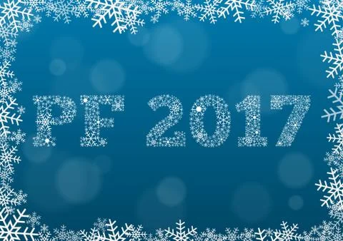 PF 2017 - white text made of snowflakes on background with bokeh effect Stock Illustration