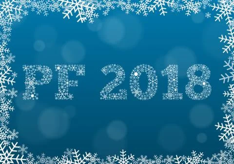 PF 2018 - white text made of snowflakes on background with bokeh effect Illustrazione stock