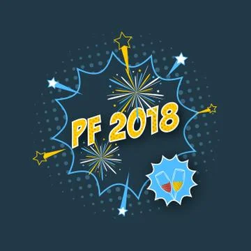 PF 2018 wishes with comic text effect, halftone effect, glasses of champagne, Stock Illustration