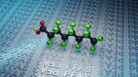 PFAS 3D Conformer spins arround Per- and polyfluoroalkyl substances Stock Footage 250119727