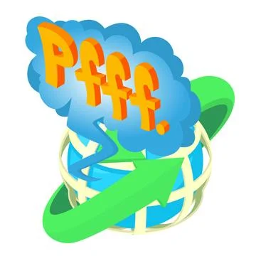 Pfff icon isometric vector. Planet grid with green arrow and pfff speech bubble 스톡 일러스트