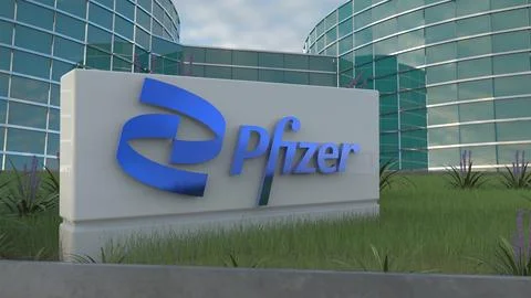 Pfizer Editorial Showcase: Dynamic Logo Animation in Metal and Plastic Stock Photos