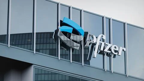 Pfizer Stock data presented on the logo of the office facade editorial Stock Photos