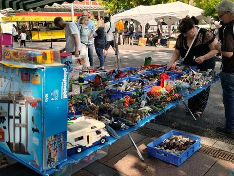 Pforzheim Flohmarkt Typical Flea Market Layout with People Browsing Stock Photos