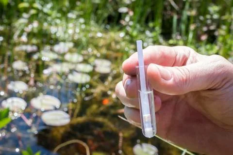PH analysis of a lake with a test strip Stock Photos