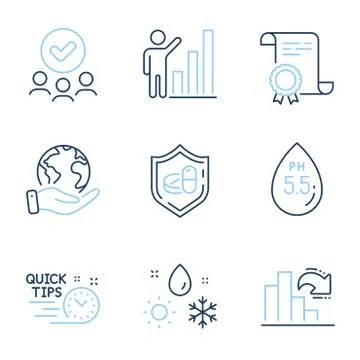 Ph neutral, Weather and Quick tips icons set. Medical tablet, Decreasing graph Stock Illustration