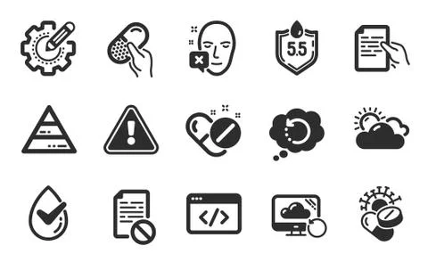 Ph neutral, Wrong file and Medical pills icons set. Settings gear, Seo script 스톡 일러스트