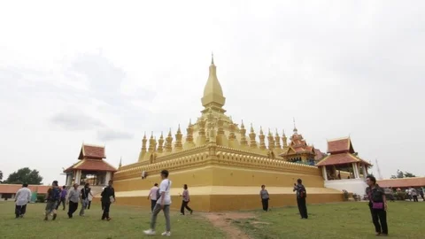 Pha That Luang is a gold-covered large Buddhist stupa in Vientiane, Laos. Stock Footage 75346678