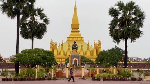 Pha That Luang temple complex panoramic view, Vientiane, Laos 4K Stock Footage 274809999