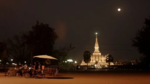 Pha That Luang Temple at Night / Vientiane / Laos Stock Footage 74202442