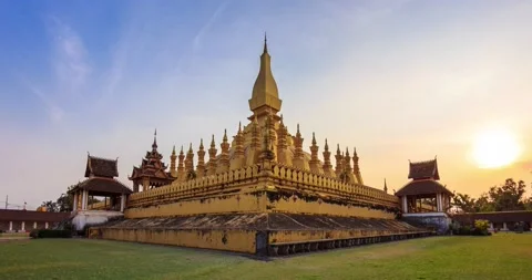 Pha That Luang Vientiane Sunset Grate Stupa Travel Place Of Vientiane, Laos Stock Footage 197473881