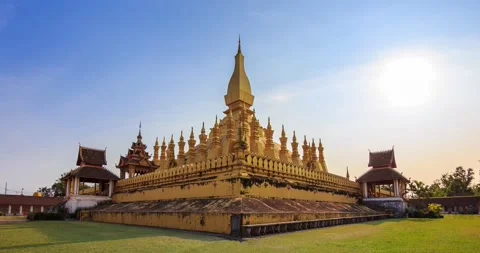 Pha That Luang Vientiane Sunset Grate Stupa Travel Place Of Vientiane, Laos Stock Footage 197473906