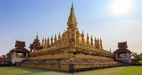 Pha That Luang Vientiane Sunset Grate Stupa Travel Place Of Vientiane, Laos Stock Footage 197474003
