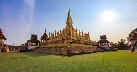 Pha That Luang Vientiane Sunset Grate Stupa Travel Place Of Vientiane, Laos Stock Footage 197474400