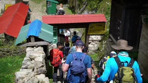 PHAKDING, NEPAL - 11 SEPTEMBER 2017 :Trekkers Entering Sagarmatha National Pa Stock Footage 84925338