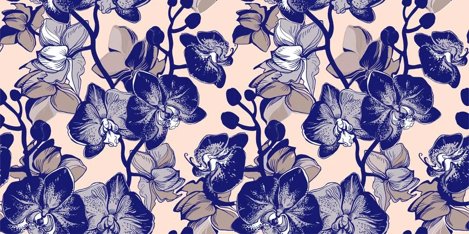 Phantom blue tropical seamless pattern of hand-drawn flowers Stock Illustration
