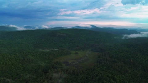 Pharaoh Mountains Wilderness Adirondack Mountains aerial drone sunset camping Stock Footage 344390636