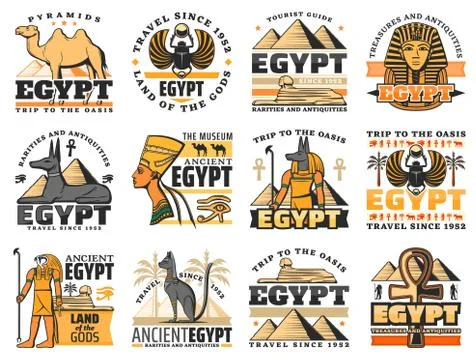 Pharaoh pyramids, Sphinx, Anubis and ankh symbol Stock Illustration