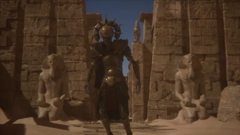 Pharaonic Alien Mummies Revived in Temple Courtyard A Scene of Enigmatic Pow Stock Footage 291381879